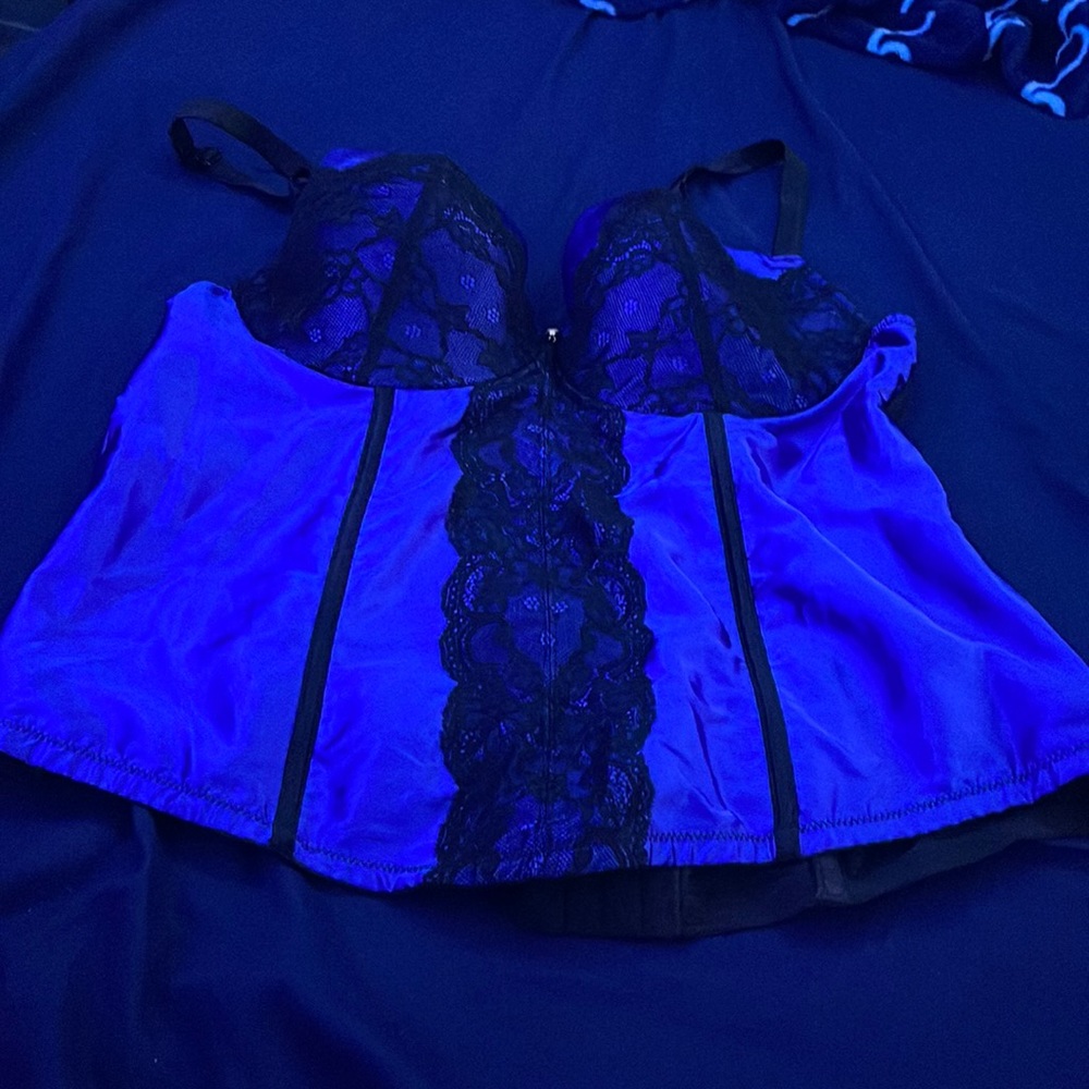 Cacique Blue Satin Black Lace Bustier
